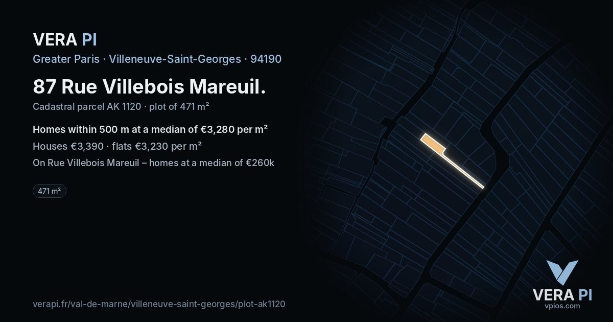87 Rue Villebois Mareuil, Villeneuve-Saint-Georges at night – the plot lit, the parcels around coloured by the prices near them