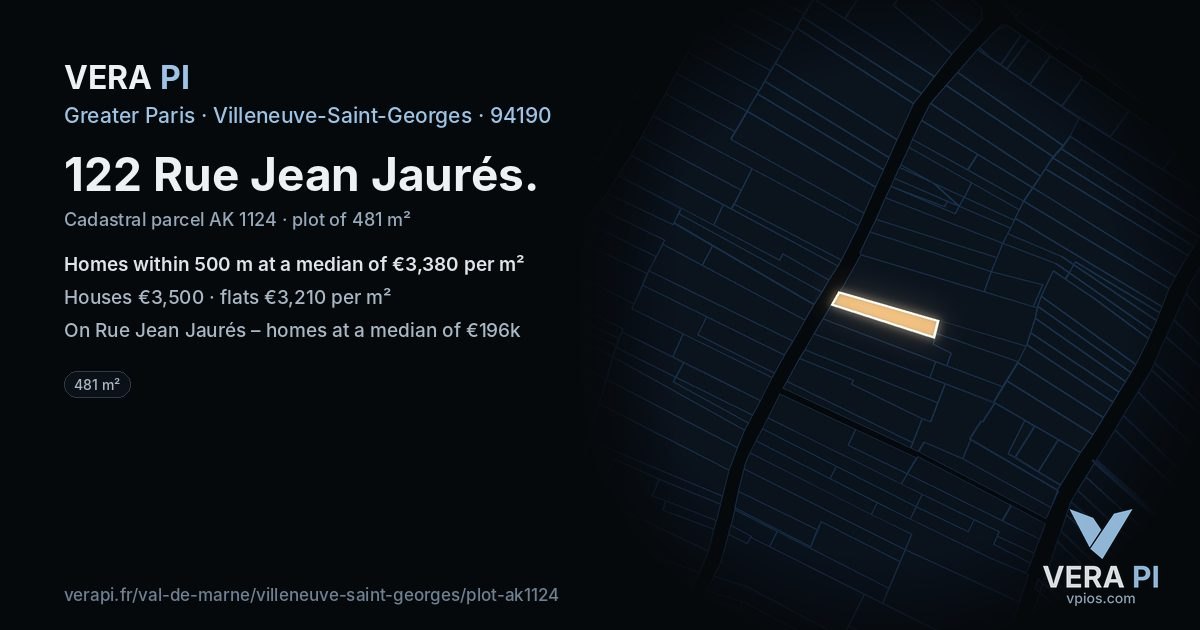 122 Rue Jean Jaurés, Villeneuve-Saint-Georges at night – the plot lit, the parcels around coloured by the prices near them