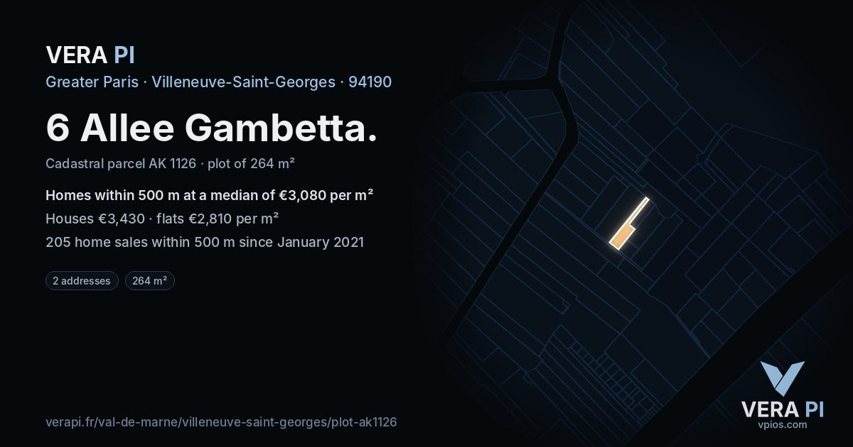 6 Allee Gambetta, Villeneuve-Saint-Georges at night – the plot lit, the parcels around coloured by the prices near them