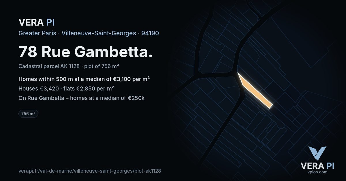 78 Rue Gambetta, Villeneuve-Saint-Georges at night – the plot lit, the parcels around coloured by the prices near them