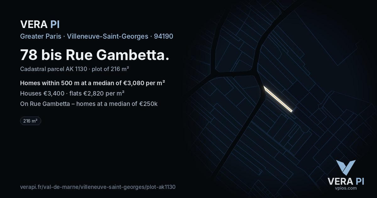 78 bis Rue Gambetta, Villeneuve-Saint-Georges at night – the plot lit, the parcels around coloured by the prices near them