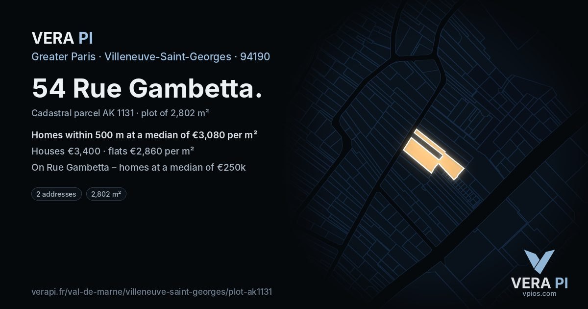 54 Rue Gambetta, Villeneuve-Saint-Georges at night – the plot lit, the parcels around coloured by the prices near them