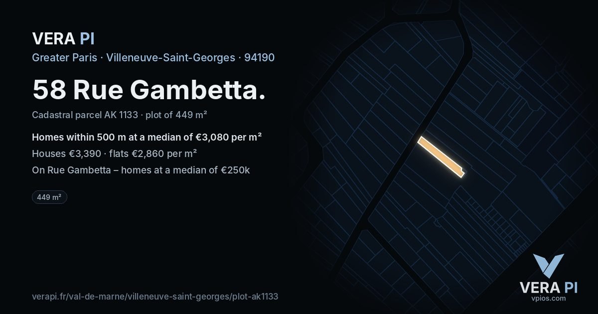 58 Rue Gambetta, Villeneuve-Saint-Georges at night – the plot lit, the parcels around coloured by the prices near them
