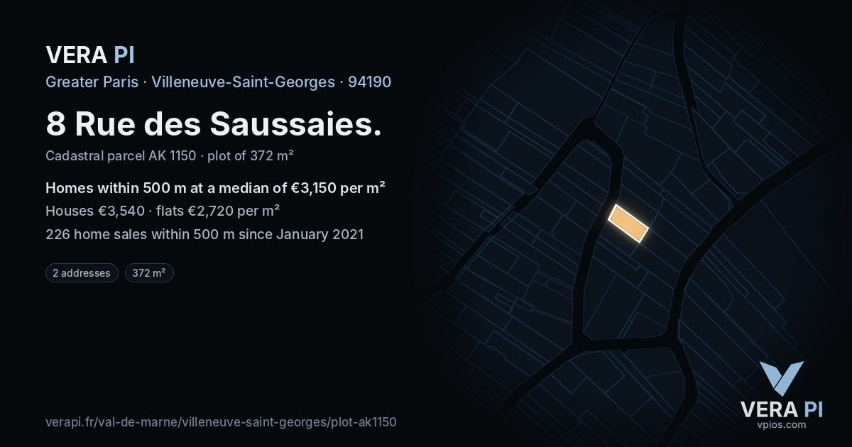 8 Rue des Saussaies, Villeneuve-Saint-Georges at night – the plot lit, the parcels around coloured by the prices near them