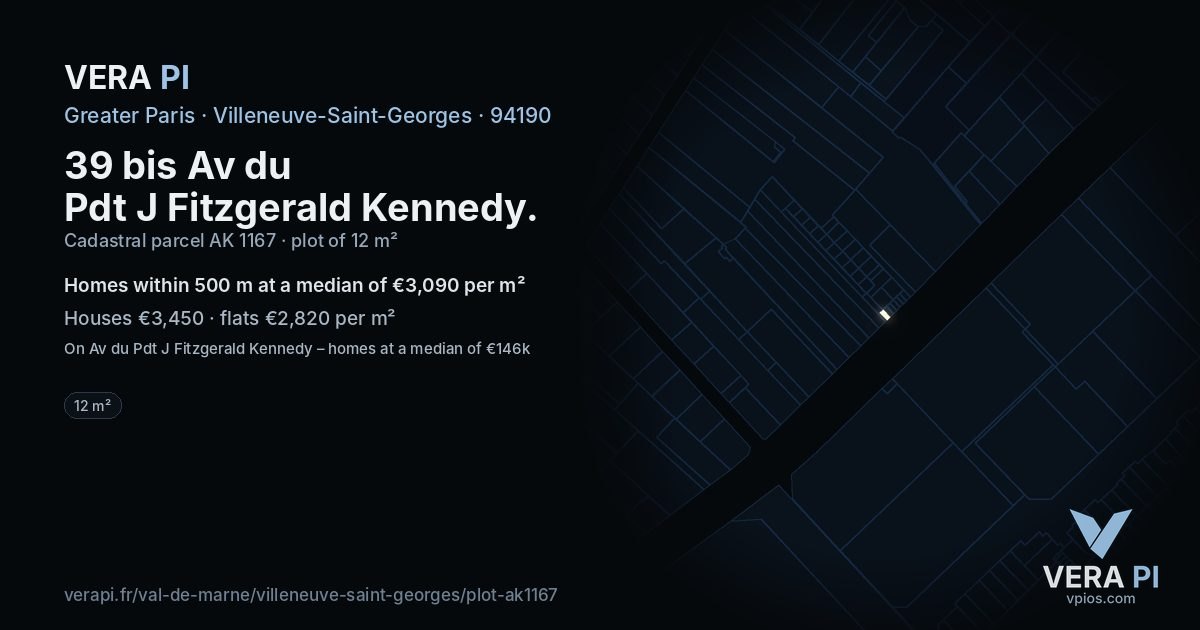 39 bis Av du Pdt J Fitzgerald Kennedy, Villeneuve-Saint-Georges at night – the plot lit, the parcels around coloured by the prices near them
