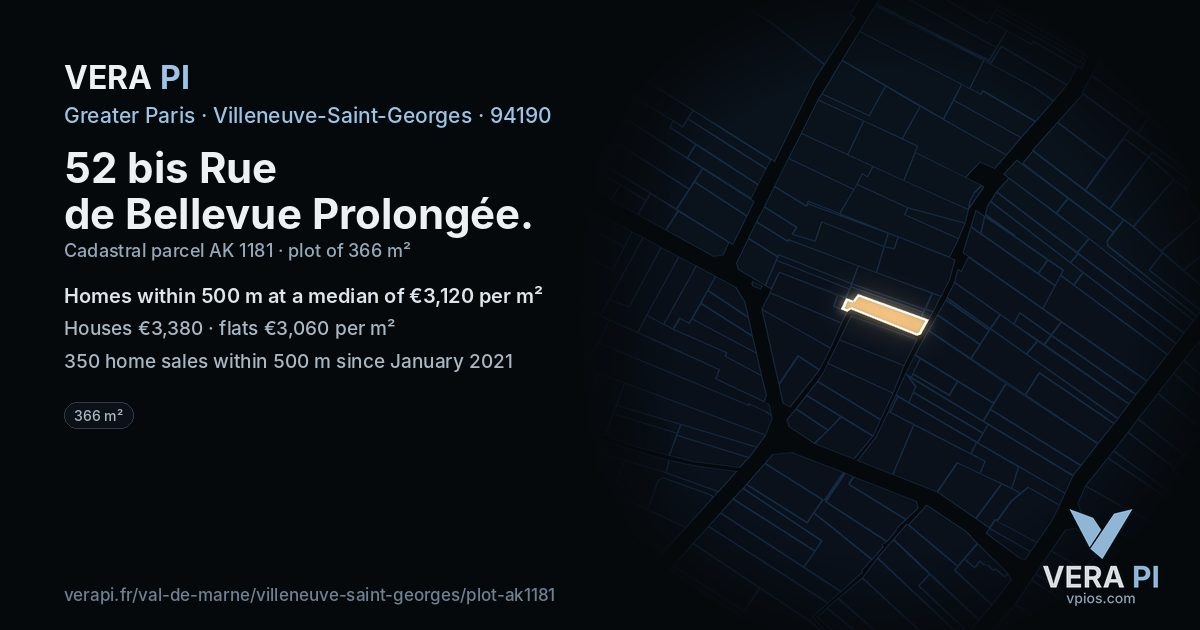 52 bis Rue de Bellevue Prolongée, Villeneuve-Saint-Georges at night – the plot lit, the parcels around coloured by the prices near them