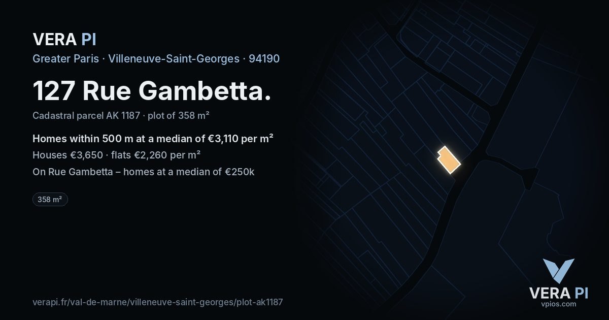127 Rue Gambetta, Villeneuve-Saint-Georges at night – the plot lit, the parcels around coloured by the prices near them
