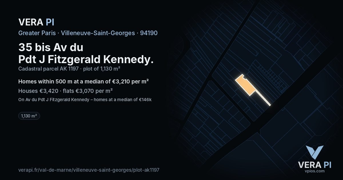 35 bis Av du Pdt J Fitzgerald Kennedy, Villeneuve-Saint-Georges at night – the plot lit, the parcels around coloured by the prices near them