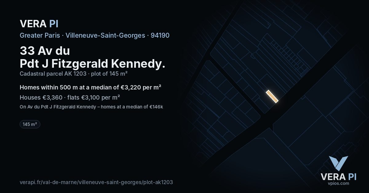 33 Av du Pdt J Fitzgerald Kennedy, Villeneuve-Saint-Georges at night – the plot lit, the parcels around coloured by the prices near them