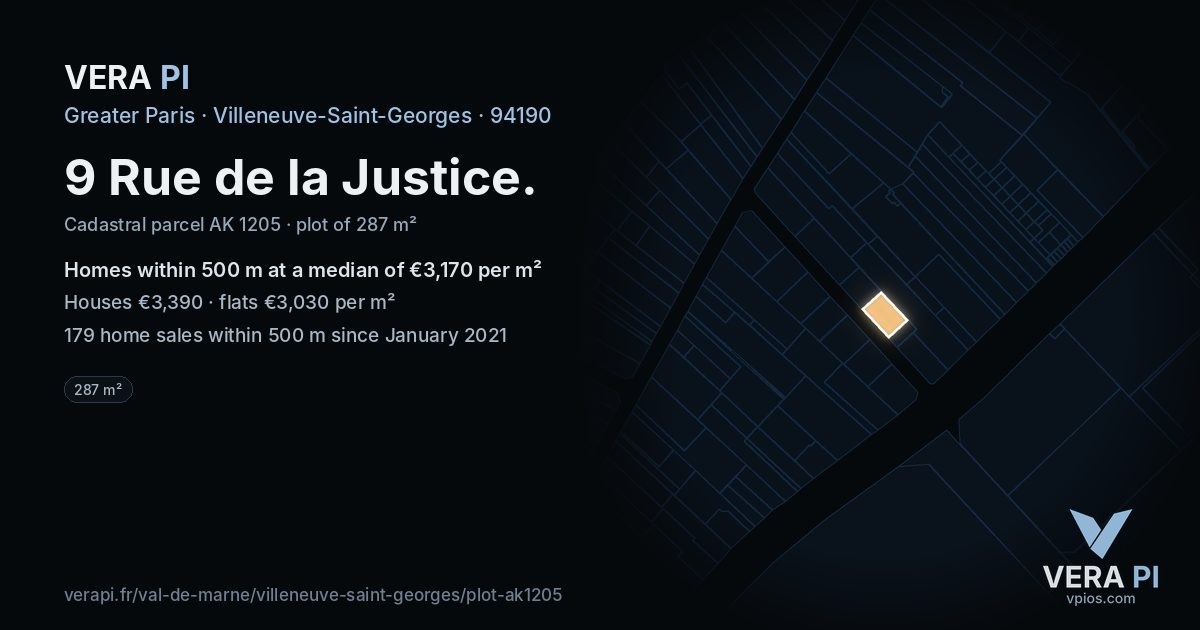 9 Rue de la Justice, Villeneuve-Saint-Georges at night – the plot lit, the parcels around coloured by the prices near them
