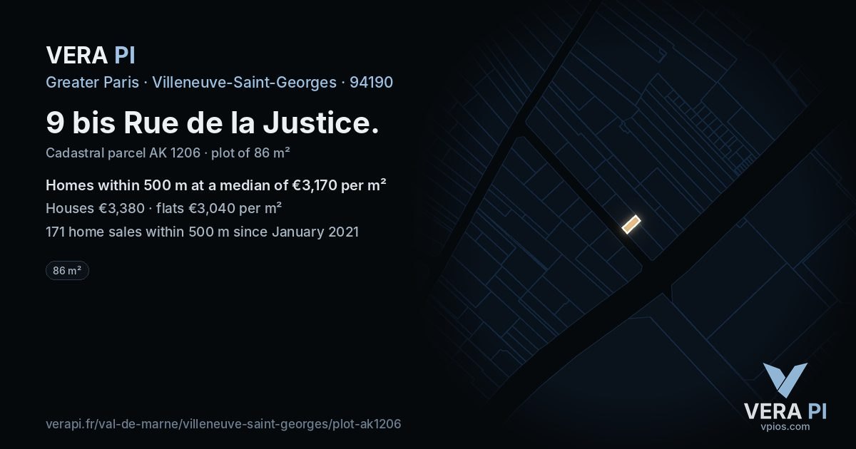 9 bis Rue de la Justice, Villeneuve-Saint-Georges at night – the plot lit, the parcels around coloured by the prices near them