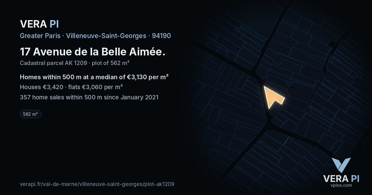 17 Avenue de la Belle Aimée, Villeneuve-Saint-Georges at night – the plot lit, the parcels around coloured by the prices near them