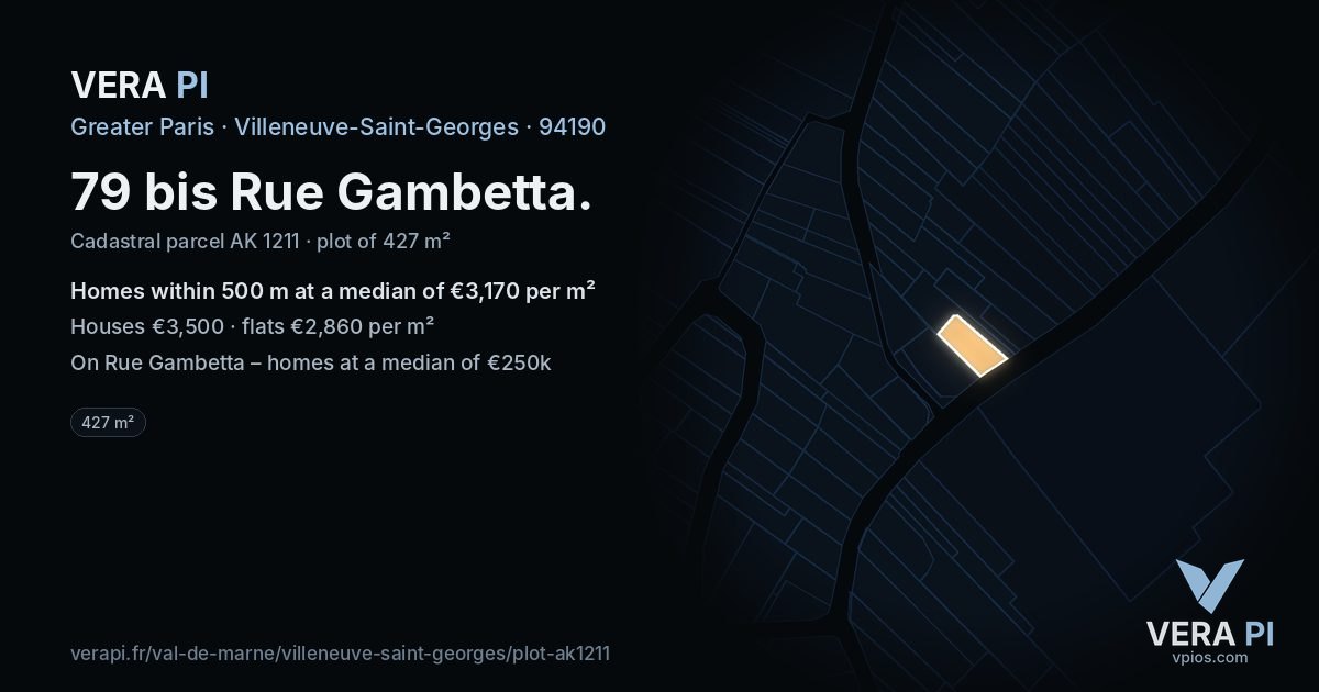 79 bis Rue Gambetta, Villeneuve-Saint-Georges at night – the plot lit, the parcels around coloured by the prices near them