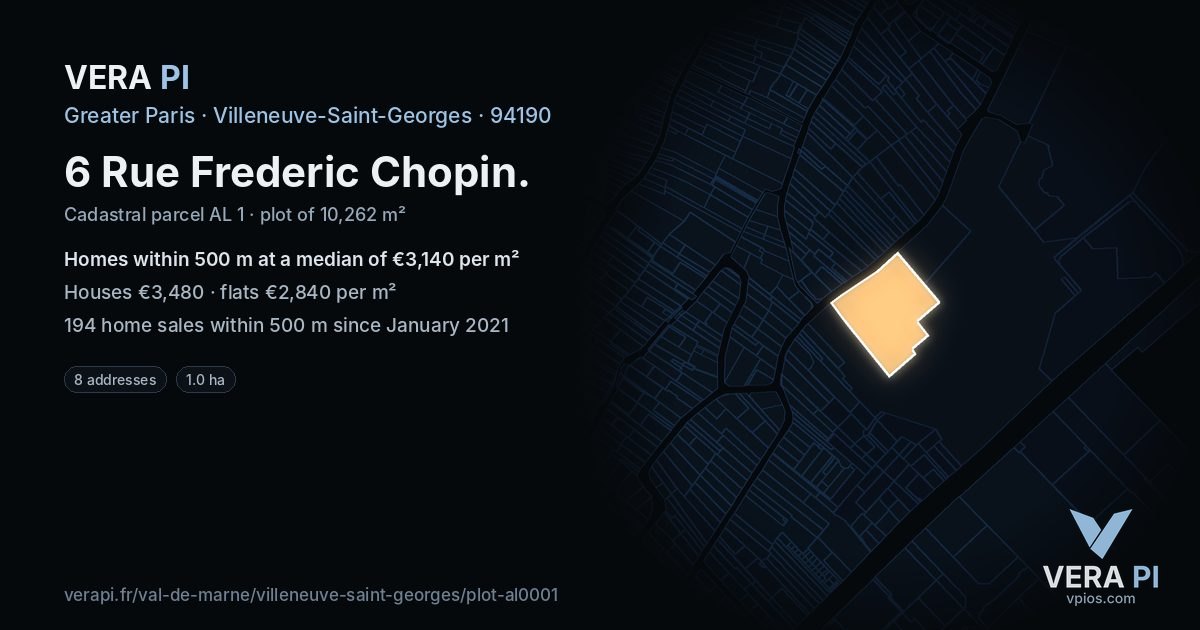 6 Rue Frederic Chopin, Villeneuve-Saint-Georges at night – the plot lit, the parcels around coloured by the prices near them