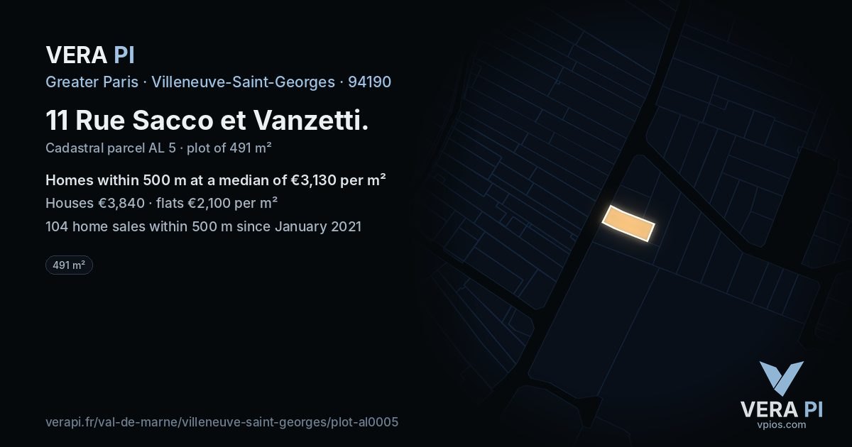 11 Rue Sacco et Vanzetti, Villeneuve-Saint-Georges at night – the plot lit, the parcels around coloured by the prices near them