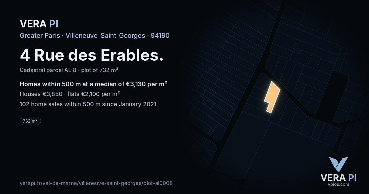 4 Rue des Erables, Villeneuve-Saint-Georges at night – the plot lit, the parcels around coloured by the prices near them