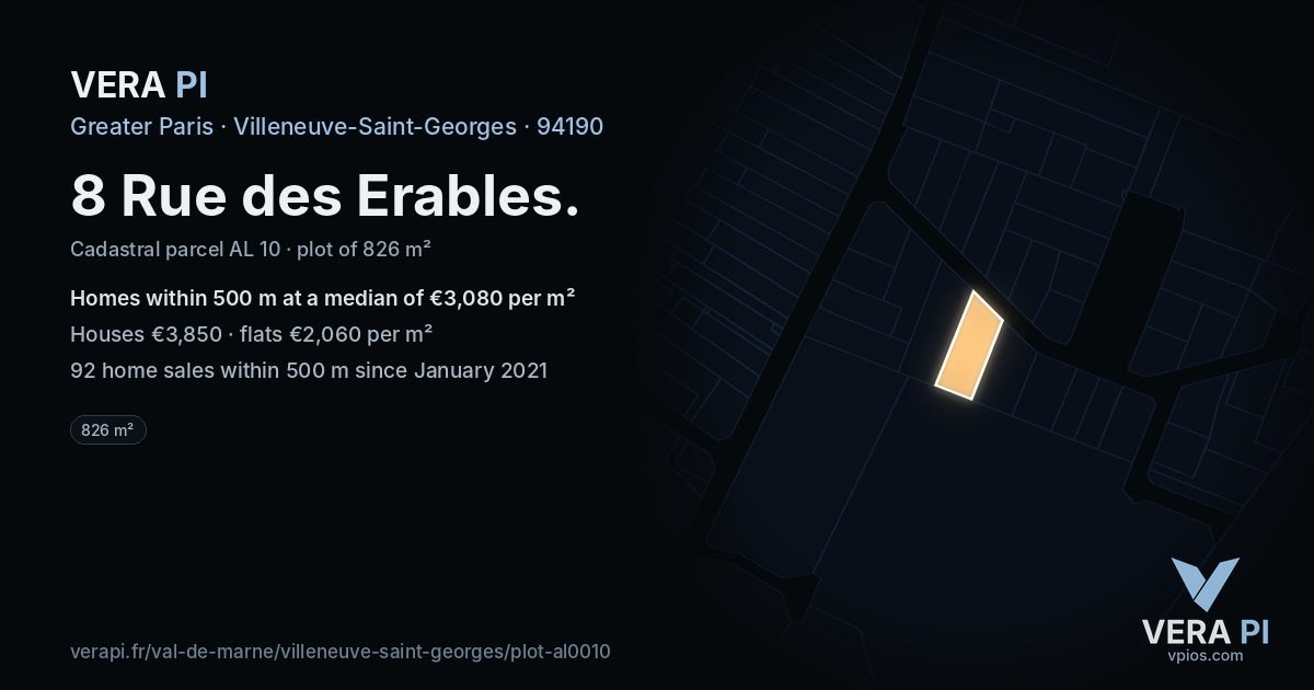 8 Rue des Erables, Villeneuve-Saint-Georges at night – the plot lit, the parcels around coloured by the prices near them
