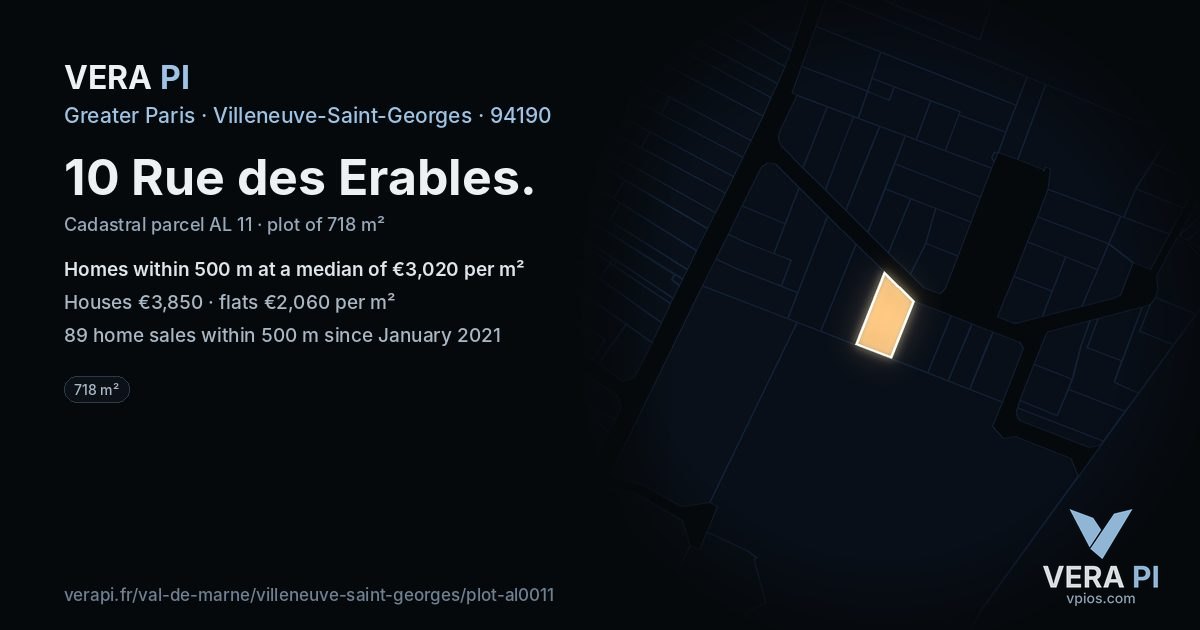 10 Rue des Erables, Villeneuve-Saint-Georges at night – the plot lit, the parcels around coloured by the prices near them