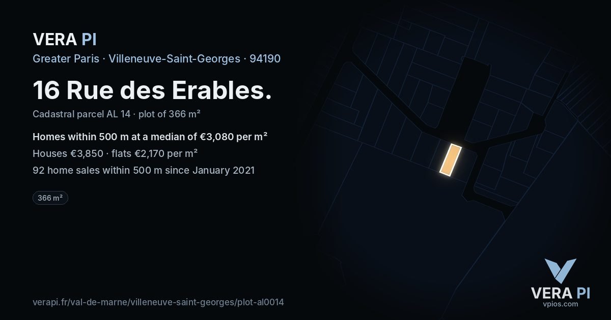 16 Rue des Erables, Villeneuve-Saint-Georges at night – the plot lit, the parcels around coloured by the prices near them