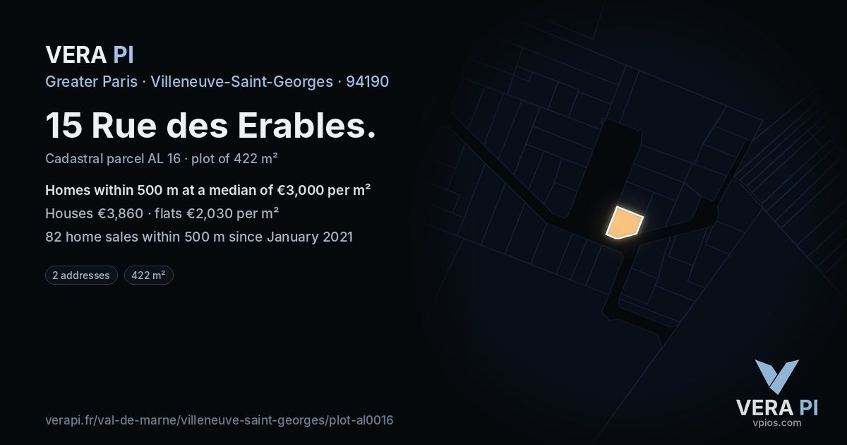 15 Rue des Erables, Villeneuve-Saint-Georges at night – the plot lit, the parcels around coloured by the prices near them