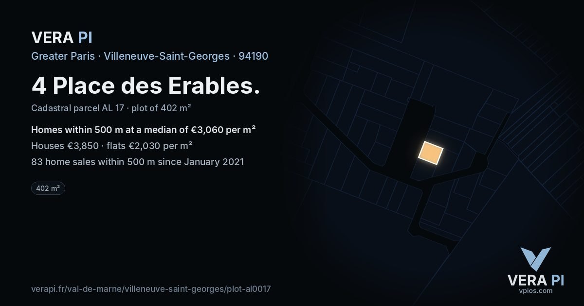 4 Place des Erables, Villeneuve-Saint-Georges at night – the plot lit, the parcels around coloured by the prices near them