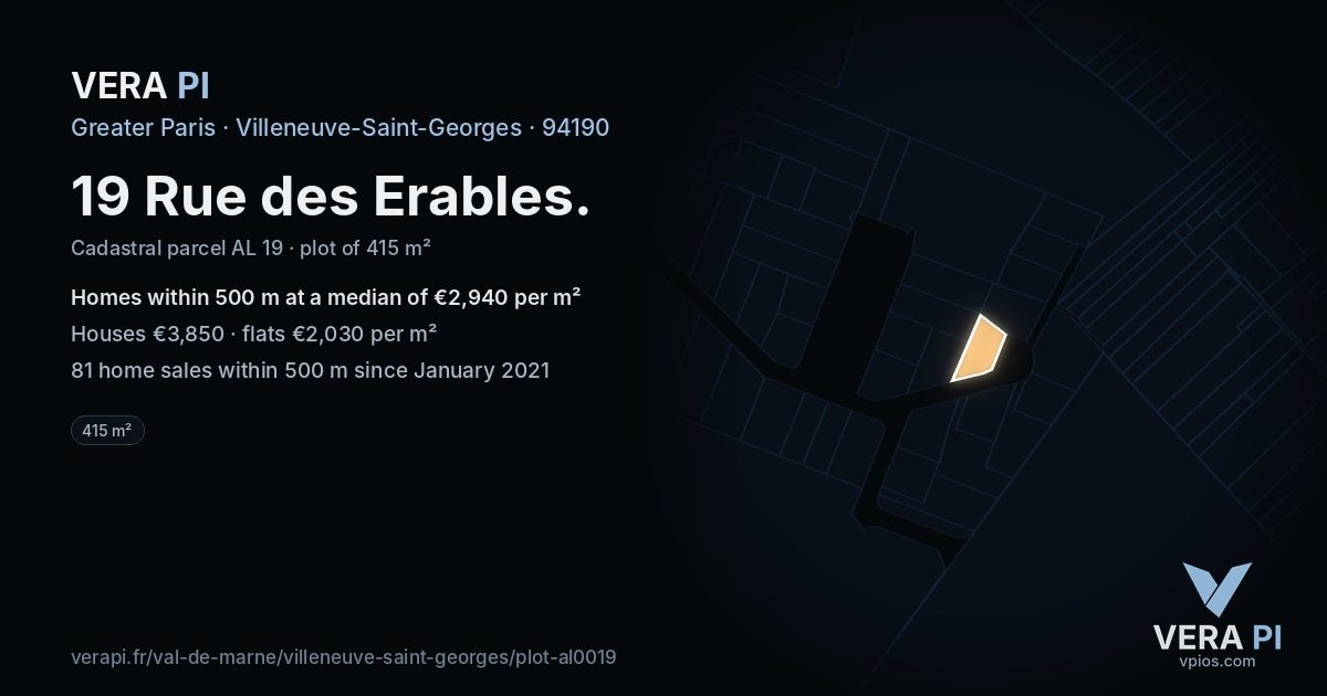 19 Rue des Erables, Villeneuve-Saint-Georges at night – the plot lit, the parcels around coloured by the prices near them