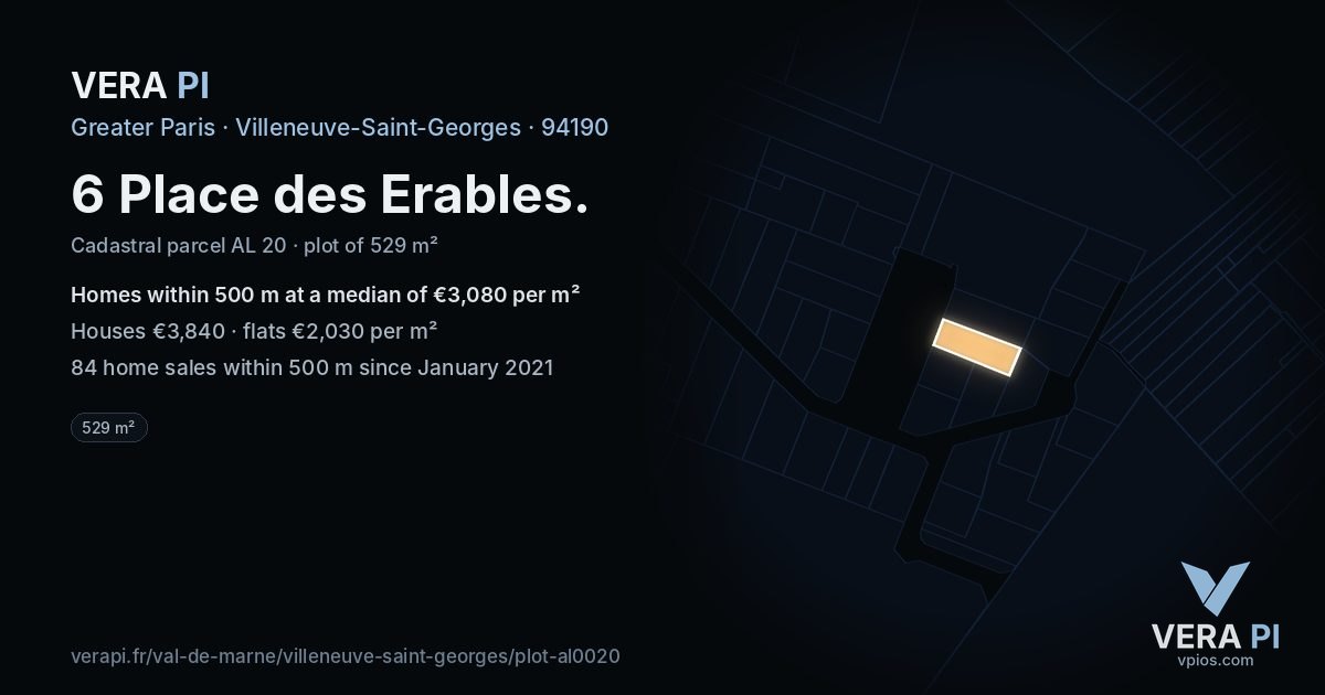 6 Place des Erables, Villeneuve-Saint-Georges at night – the plot lit, the parcels around coloured by the prices near them
