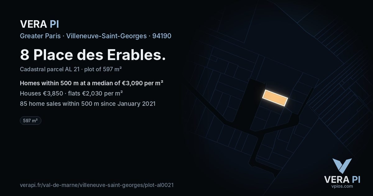 8 Place des Erables, Villeneuve-Saint-Georges at night – the plot lit, the parcels around coloured by the prices near them