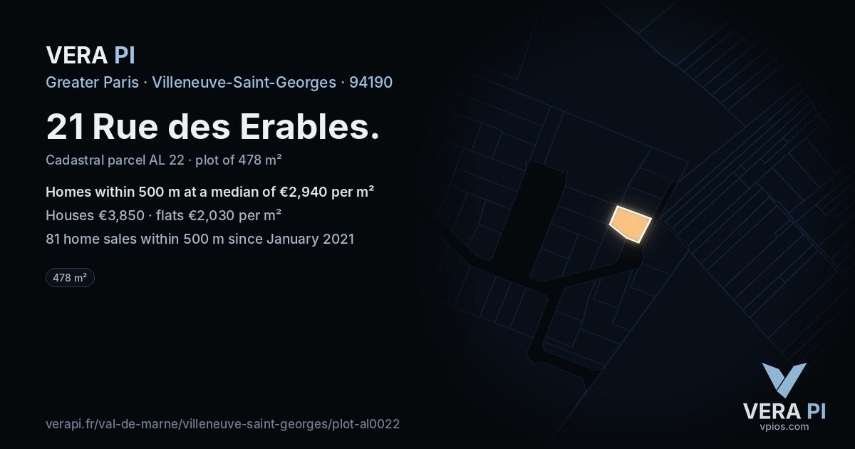 21 Rue des Erables, Villeneuve-Saint-Georges at night – the plot lit, the parcels around coloured by the prices near them