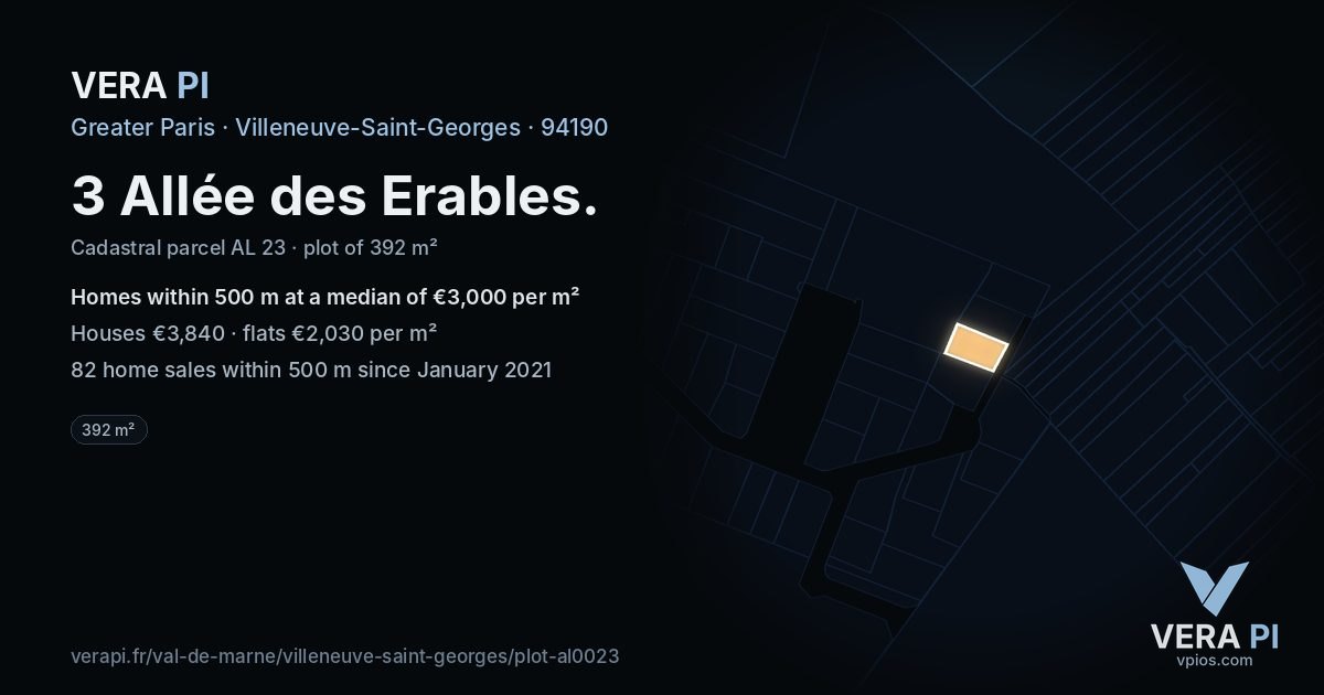 3 Allée des Erables, Villeneuve-Saint-Georges at night – the plot lit, the parcels around coloured by the prices near them