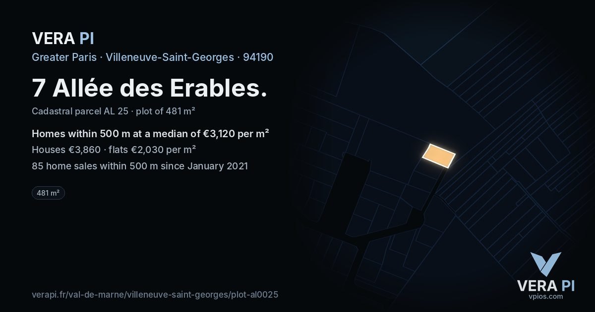 7 Allée des Erables, Villeneuve-Saint-Georges at night – the plot lit, the parcels around coloured by the prices near them