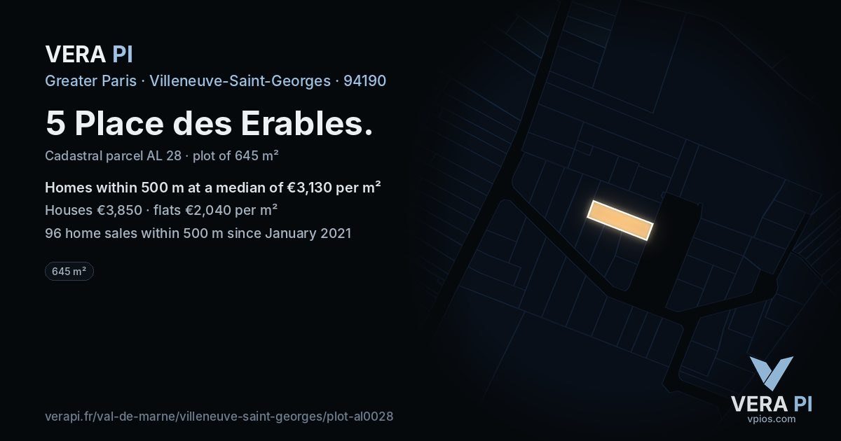5 Place des Erables, Villeneuve-Saint-Georges at night – the plot lit, the parcels around coloured by the prices near them