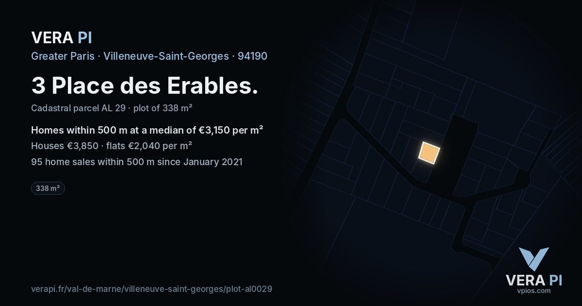 3 Place des Erables, Villeneuve-Saint-Georges at night – the plot lit, the parcels around coloured by the prices near them