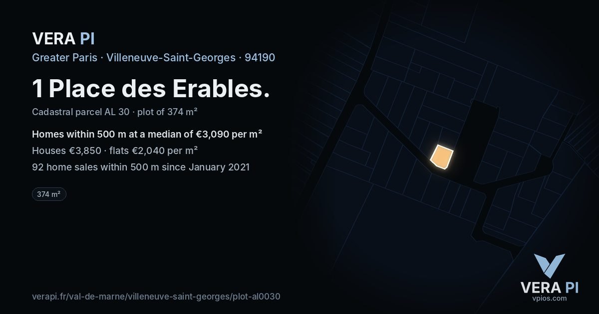 1 Place des Erables, Villeneuve-Saint-Georges at night – the plot lit, the parcels around coloured by the prices near them