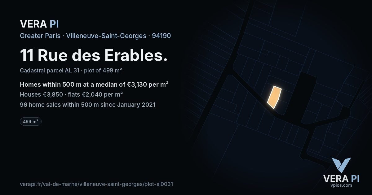 11 Rue des Erables, Villeneuve-Saint-Georges at night – the plot lit, the parcels around coloured by the prices near them
