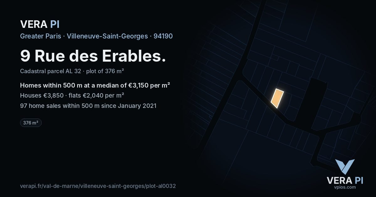 9 Rue des Erables, Villeneuve-Saint-Georges at night – the plot lit, the parcels around coloured by the prices near them
