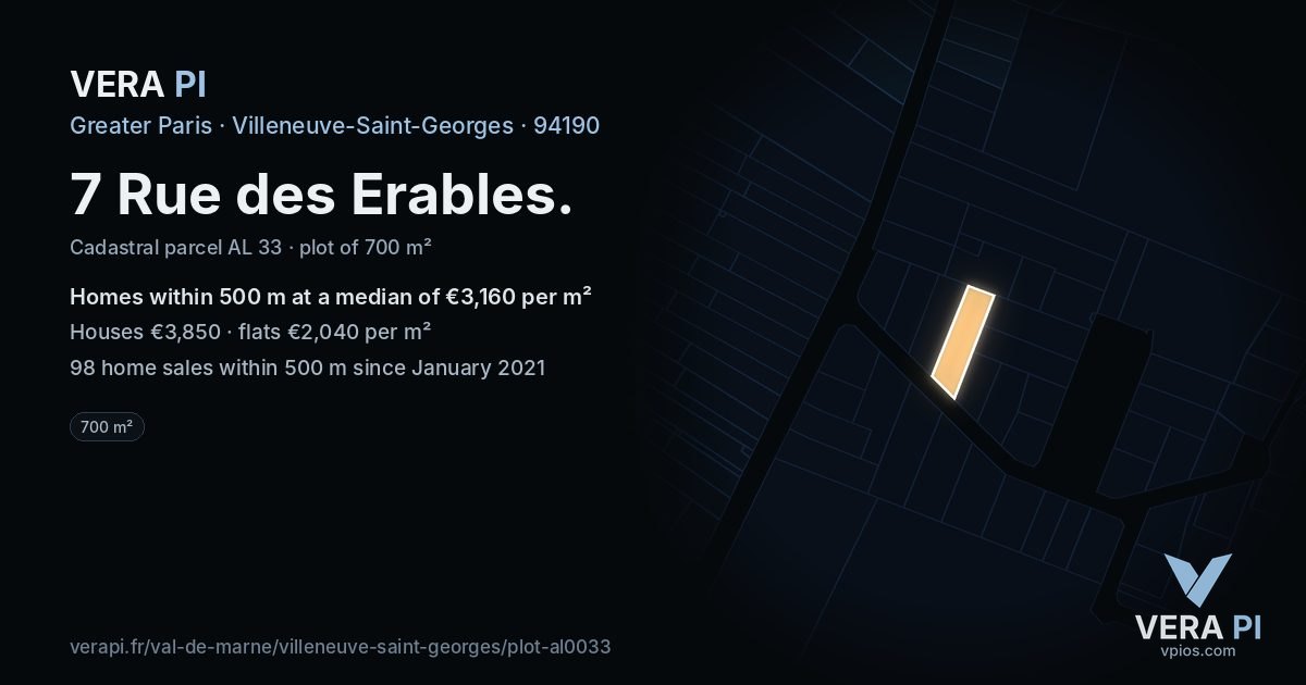 7 Rue des Erables, Villeneuve-Saint-Georges at night – the plot lit, the parcels around coloured by the prices near them