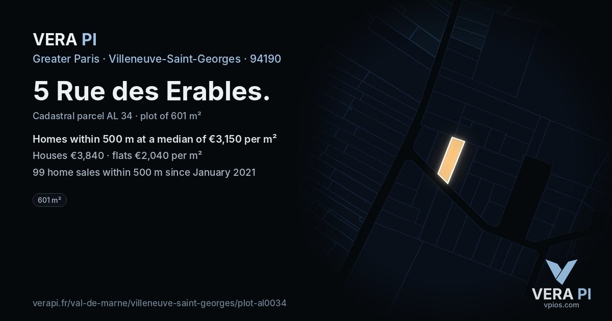 5 Rue des Erables, Villeneuve-Saint-Georges at night – the plot lit, the parcels around coloured by the prices near them