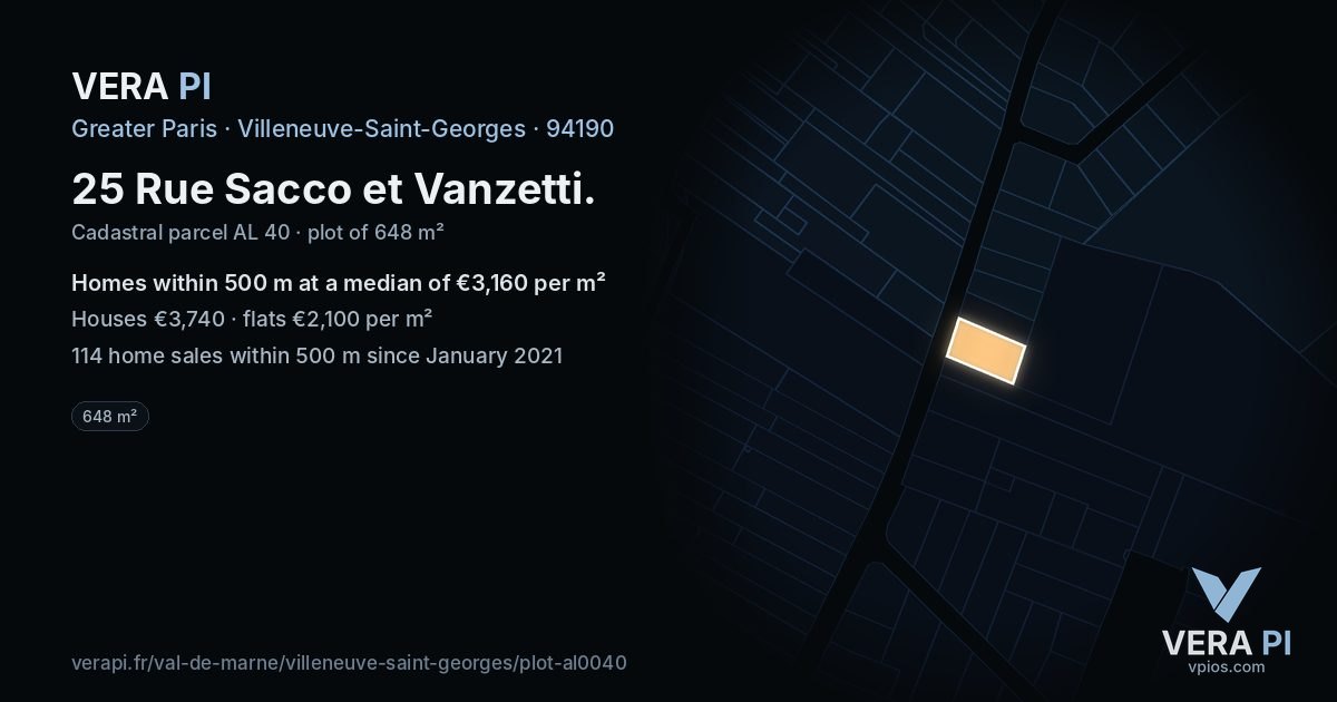 25 Rue Sacco et Vanzetti, Villeneuve-Saint-Georges at night – the plot lit, the parcels around coloured by the prices near them