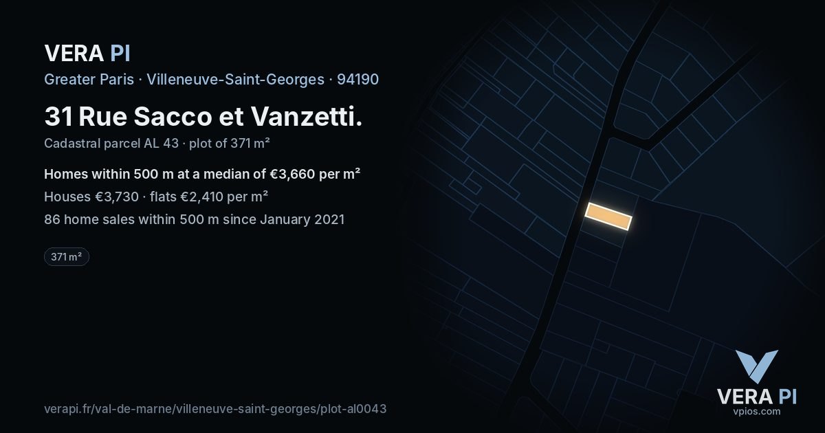 31 Rue Sacco et Vanzetti, Villeneuve-Saint-Georges at night – the plot lit, the parcels around coloured by the prices near them
