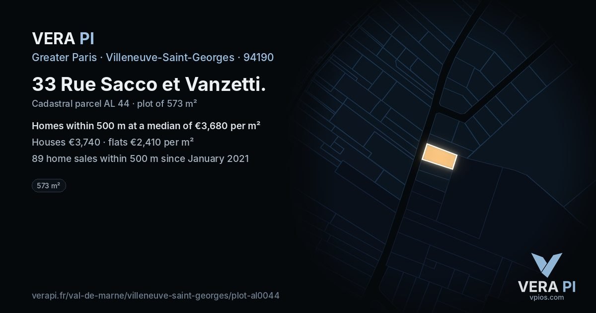33 Rue Sacco et Vanzetti, Villeneuve-Saint-Georges at night – the plot lit, the parcels around coloured by the prices near them