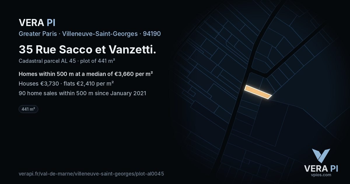 35 Rue Sacco et Vanzetti, Villeneuve-Saint-Georges at night – the plot lit, the parcels around coloured by the prices near them
