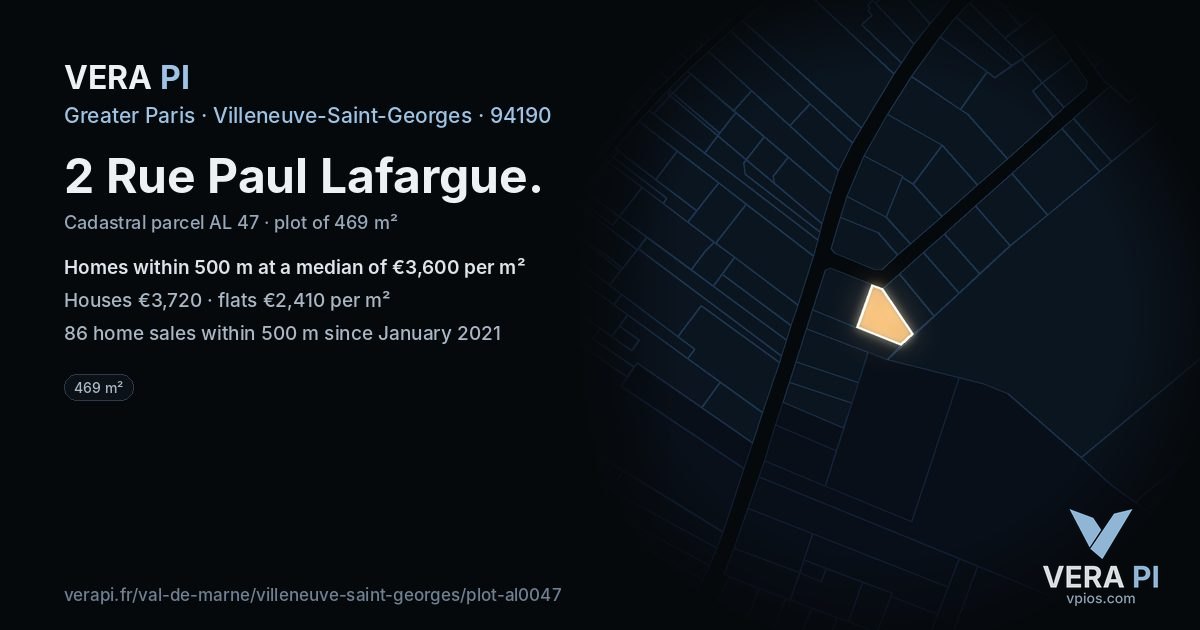 2 Rue Paul Lafargue, Villeneuve-Saint-Georges at night – the plot lit, the parcels around coloured by the prices near them