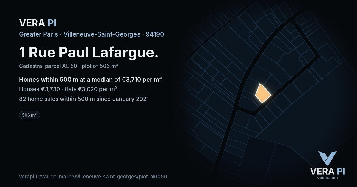 1 Rue Paul Lafargue, Villeneuve-Saint-Georges at night – the plot lit, the parcels around coloured by the prices near them