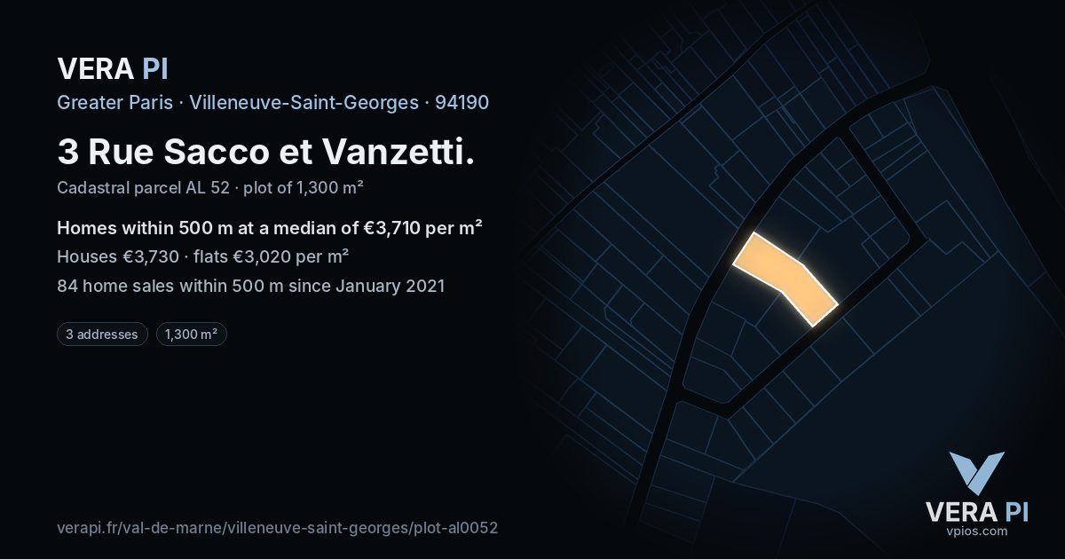 3 Rue Sacco et Vanzetti, Villeneuve-Saint-Georges at night – the plot lit, the parcels around coloured by the prices near them