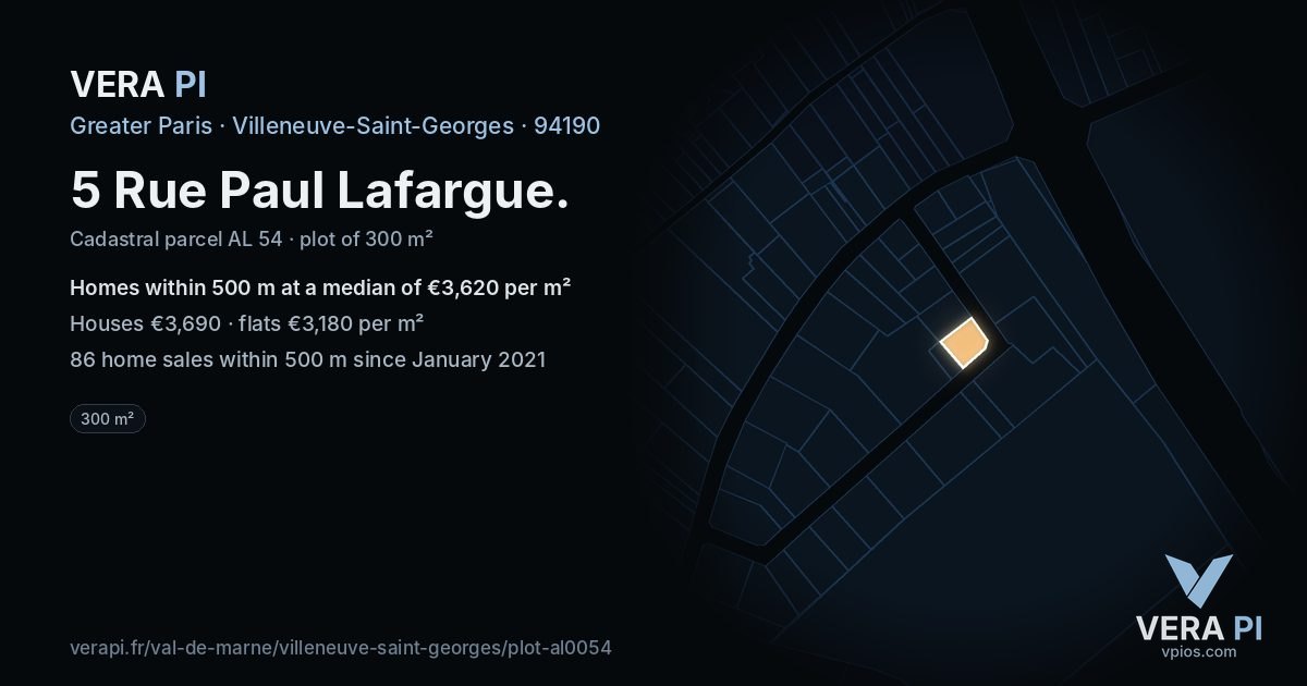 5 Rue Paul Lafargue, Villeneuve-Saint-Georges at night – the plot lit, the parcels around coloured by the prices near them