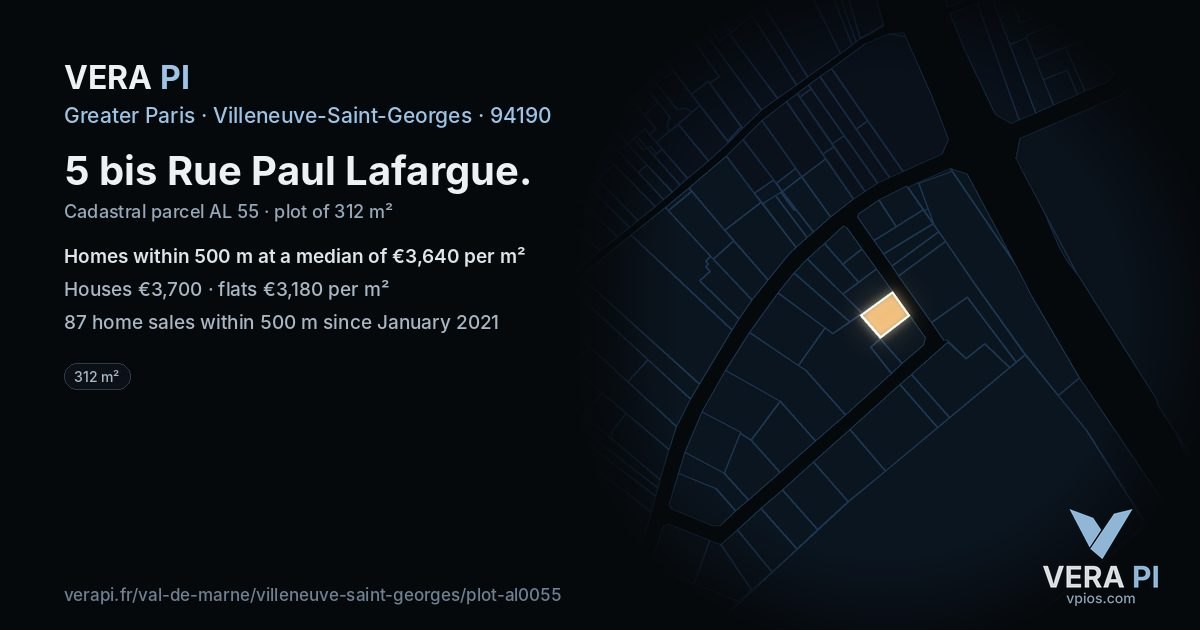 5 bis Rue Paul Lafargue, Villeneuve-Saint-Georges at night – the plot lit, the parcels around coloured by the prices near them