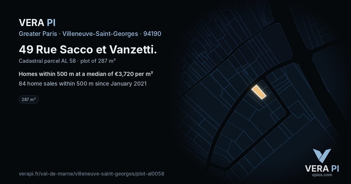 49 Rue Sacco et Vanzetti, Villeneuve-Saint-Georges at night – the plot lit, the parcels around coloured by the prices near them