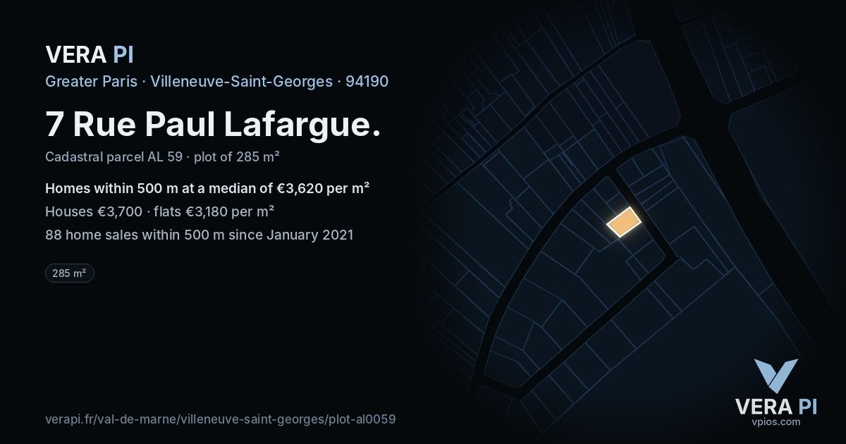 7 Rue Paul Lafargue, Villeneuve-Saint-Georges at night – the plot lit, the parcels around coloured by the prices near them