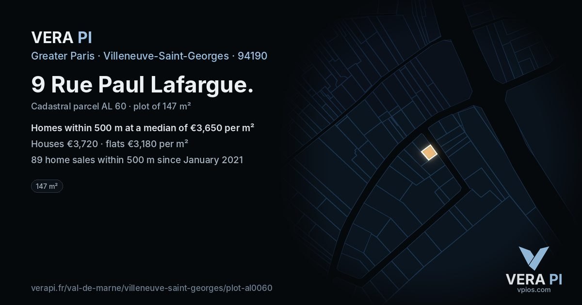 9 Rue Paul Lafargue, Villeneuve-Saint-Georges at night – the plot lit, the parcels around coloured by the prices near them